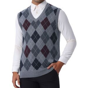 Casual Argyle Vest Sweater V Neck Slim Fit Knit Pullover Dark Gray
